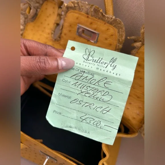 Butterfly Beverly Hills Elegant Mustard Yellow Ostrich Handbag - Picture 6 of 8